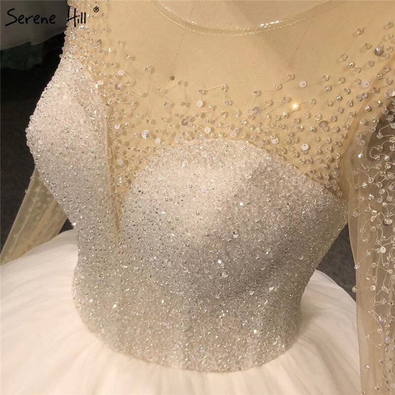 Ivory Long Sleeves Sparkle Sexy Wedding Dresses Beading Sequins O-Neck Bride Gowns Serene Hill HA2332 Custom Made - SERENE HILL
