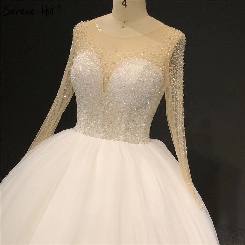 Ivory Long Sleeves Sparkle Sexy Wedding Dresses Beading Sequins O-Neck Bride Gowns Serene Hill HA2332 Custom Made - SERENE HILL