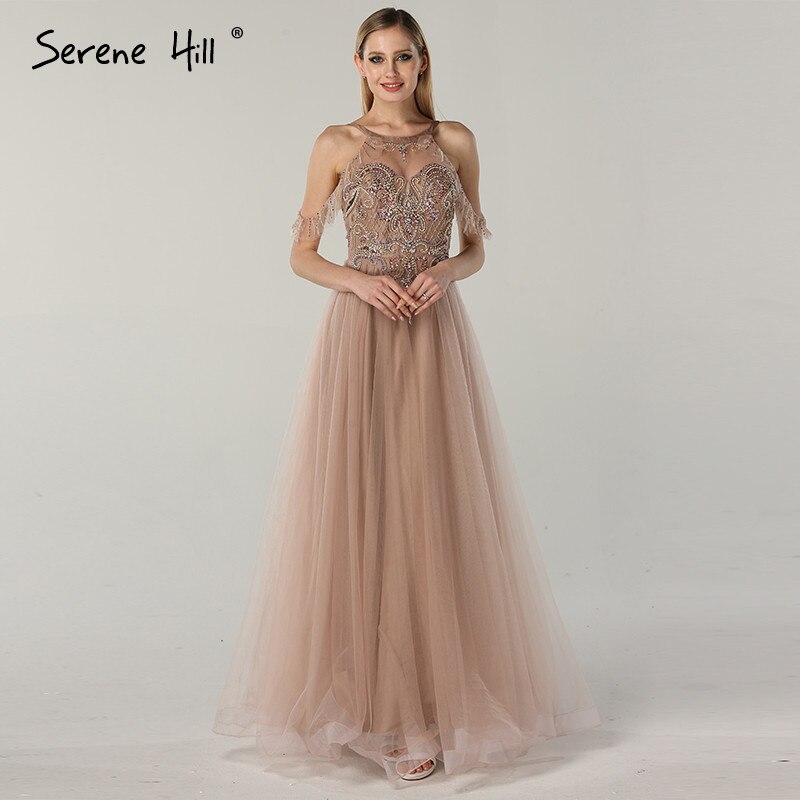 On Sale No Return No Refund Sale Latest Design O-Neck Beading Diamonds Evening Dresses 2025 Off Shoulder Sexy Tulle Evening Gowns Serene Hill LA6533 - SERENE HILL