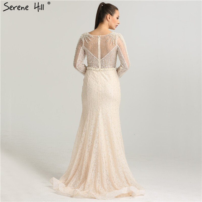 On Sale No Return No Refund Long Sleeve Wine Red Pearls Mermaid Evening Dresses 2025 Fashion Luxury Evening Gown Real Photo Dubai LA6428 - SERENE HILL