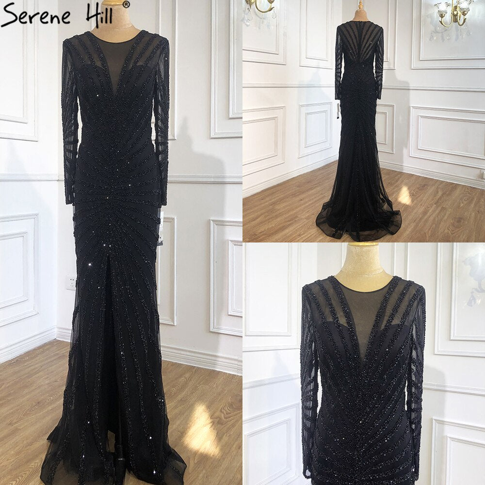 Luxury Black Beading V-Neck Mermaid 2025 Long Split Evening Gowns Party Wear Dresses For Women Real Photo LA70183 - SERENE HILL