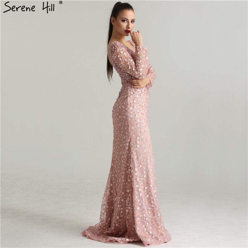On Sale No Return No Refund Luxury Pink Pearls Lace Evening Dresses 2025 Mermaid Embroidery Long Sleeves Formal Evening Gowns Serene Hill LA6408 - SERENE HILL