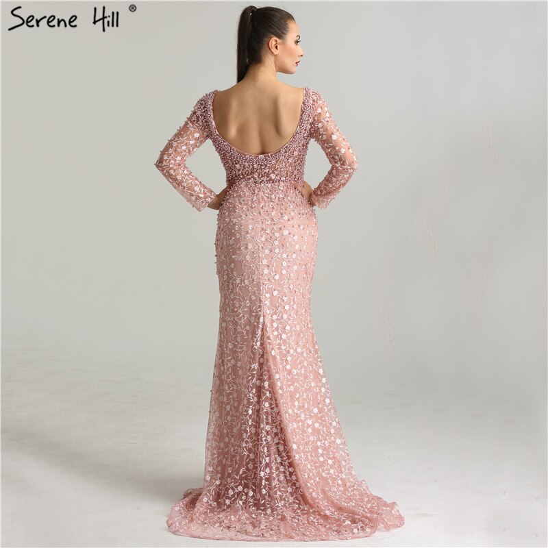 On Sale No Return No Refund Luxury Pink Pearls Lace Evening Dresses 2025 Mermaid Embroidery Long Sleeves Formal Evening Gowns Serene Hill LA6408 - SERENE HILL