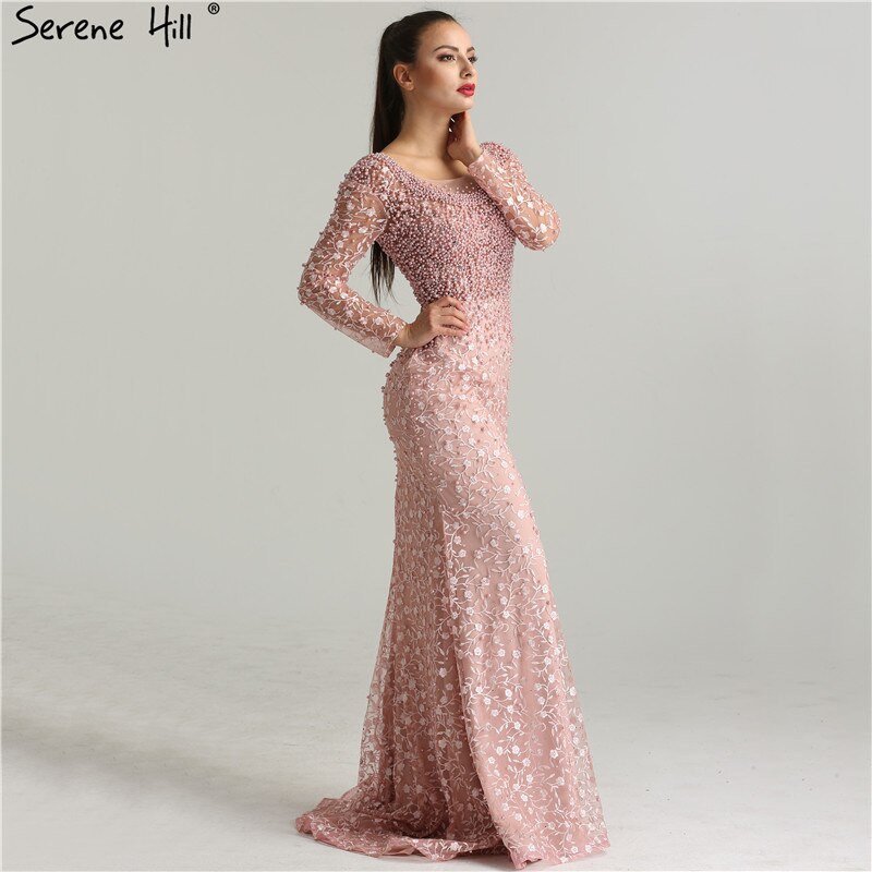 On Sale No Return No Refund Luxury Pink Pearls Lace Evening Dresses 2025 Mermaid Embroidery Long Sleeves Formal Evening Gowns Serene Hill LA6408 - SERENE HILL
