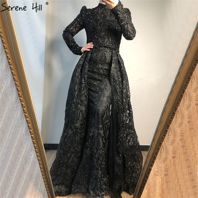 On Sale no return no refundSale Muslim Black Crystal Long Sleeves Evening Dresses 2025 Mermaid Luxury High-end Evening Gowns Plus Size LA70419 - SERENE HILL