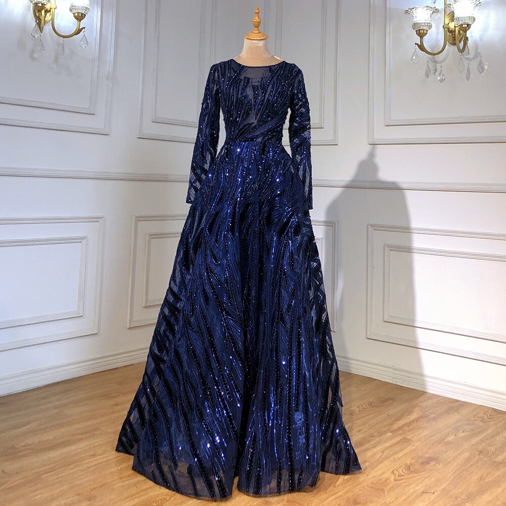 Muslim Navy Blue A-Line Luxury Evening Dresses Gowns 2025 Crystal Long Navy Blue / 12 Muslim Navy Blue A-Line Luxury Evening Dresses Gowns 2025 Crystal Long Navy Blue / 12