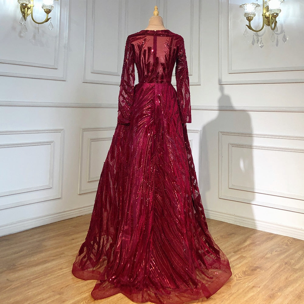 Muslim Navy Blue A-Line Luxury Evening Dresses Gowns 2025 Crystal Long Sleeves For Women Party Serene Hill LA71501 - SERENE HILL