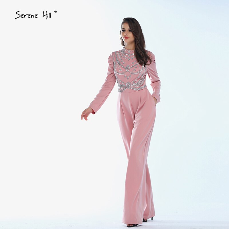 On Sale No Return No Refund Sale Muslim Pink Long Sleeves Evening Dresses High Collar Diamond Jumpsuit Formal Dress Serene Hill LA60910 - SERENE HILL