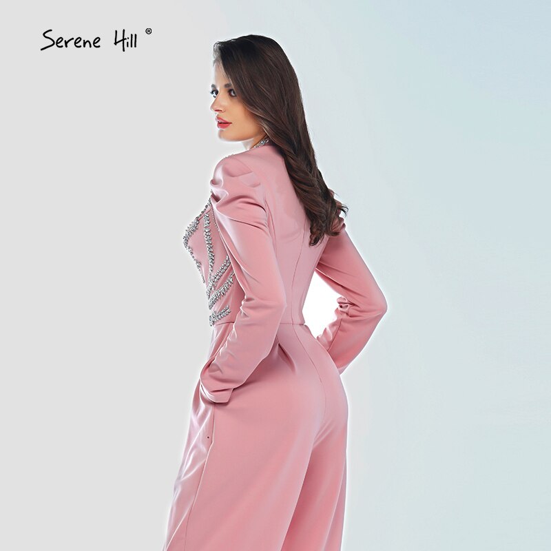 On Sale No Return No Refund Sale Muslim Pink Long Sleeves Evening Dresses High Collar Diamond Jumpsuit Formal Dress Serene Hill LA60910 - SERENE HILL