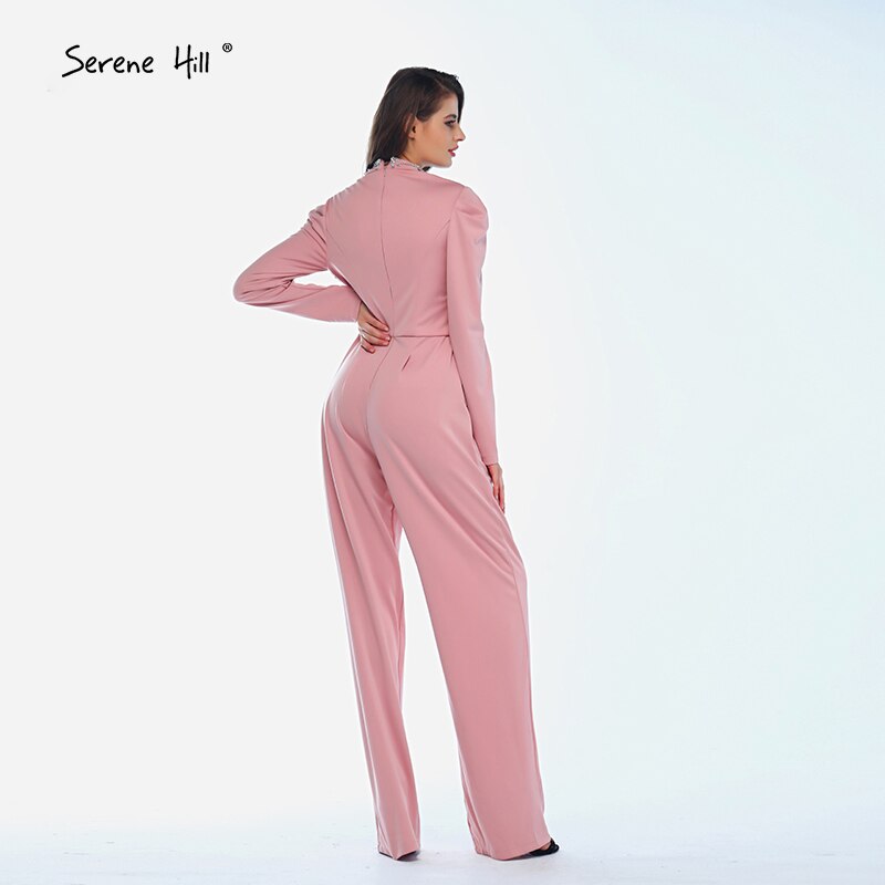On Sale No Return No Refund Sale Muslim Pink Long Sleeves Evening Dresses High Collar Diamond Jumpsuit Formal Dress Serene Hill LA60910 - SERENE HILL