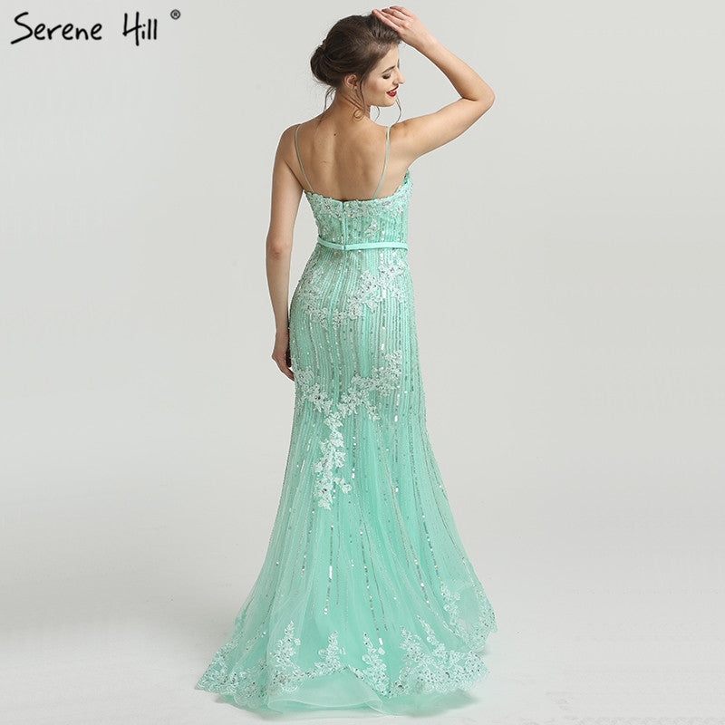 On Sale no return no refundSale Navy Blue Luxury Mermaid Lace Elegant Evening Dresses Spaghetti Strap Beaded 2025 For Women Party LA6105 - SERENE HILL