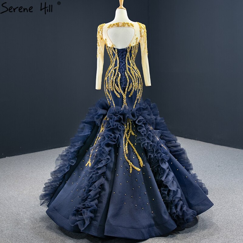 Navy Blue Mermaid High-end Sexy Evening Dresses 2025 Long Sleeve Beading Lace Up Sexy Formal Dress Serene Hill HM67132 - SERENE HILL
