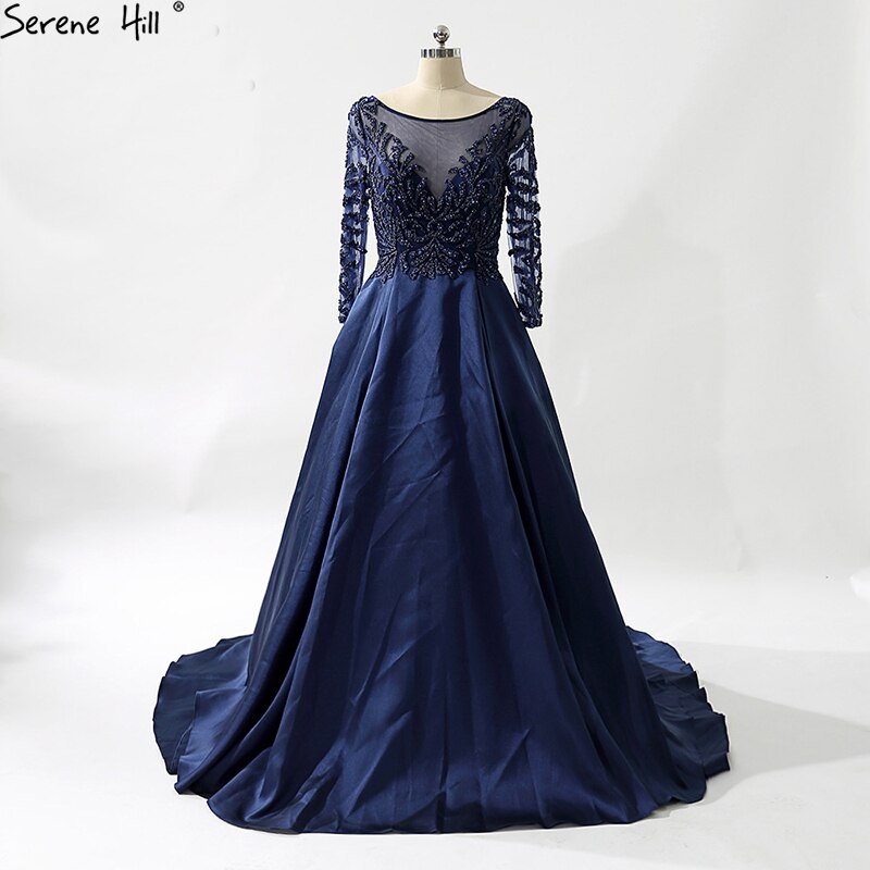 On Sale No Return No Refund Sale Navy Blue Party Dress V-Neck Evening Gowns Satin Crystal Long Sleeve Fashion Formal Evening Dress Real Photo LA6158 - SERENE HILL