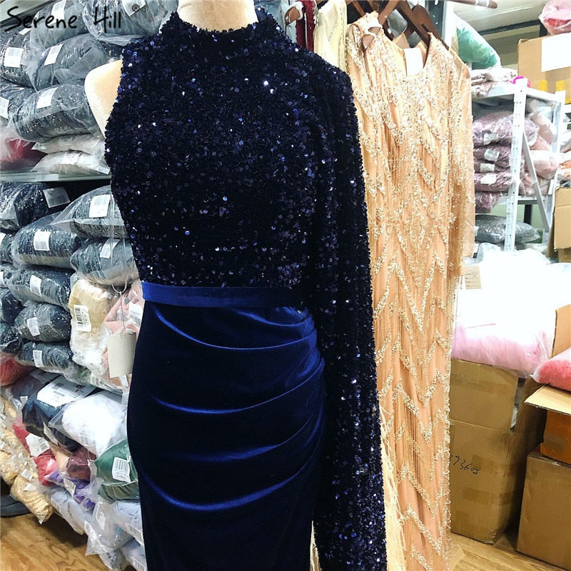 On Sale no return no refundSale Navy Blue Satin Mermaid Sexy Evening Dresses 2025 Sequins One Shoulder Bat Sleeves Formal Dress Serene Hill LA70347 - SERENE HILL