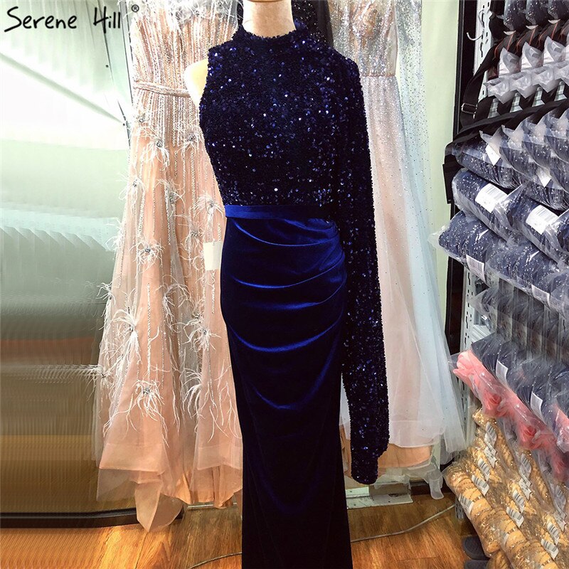 On Sale no return no refundSale Navy Blue Satin Mermaid Sexy Evening Dresses 2025 Sequins One Shoulder Bat Sleeves Formal Dress Serene Hill LA70347 - SERENE HILL