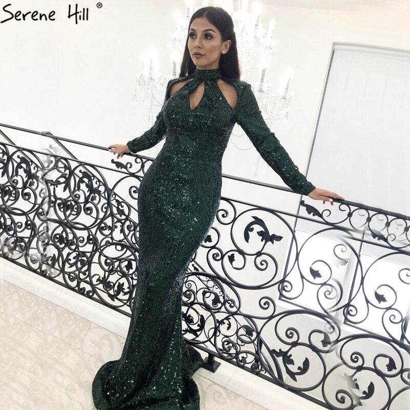On Sale No Return No Refund New Designer Green High Neck Sexy Evening Dresses 2025 Sequined Long Sleeves Fashion Luxury For Women Party LA6314 - SERENE HILL