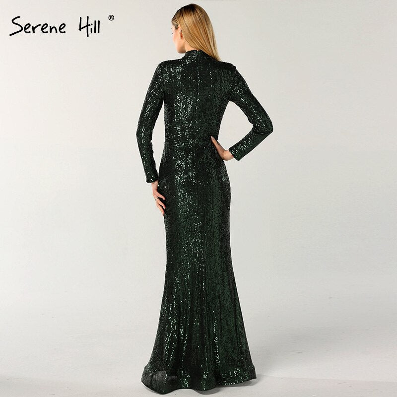 On Sale No Return No Refund New Designer Green High Neck Sexy Evening Dresses 2025 Sequined Long Sleeves Fashion Luxury For Women Party LA6314 - SERENE HILL