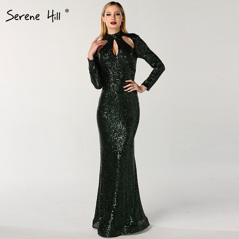 On Sale No Return No Refund New Designer Green High Neck Sexy Evening Dresses 2025 Sequined Long Sleeves Fashion Luxury For Women Party LA6314 - SERENE HILL