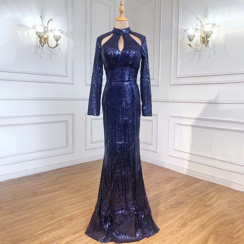 On Sale No Return No Refund New Designer Green High Neck Sexy Evening Dresses 2025 Sequined Long Sleeves Fashion Luxury For Women Party LA6314 - SERENE HILL