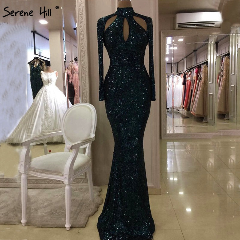 On Sale No Return No Refund New Designer Green High Neck Sexy Evening Dresses 2025 Sequined Long Sleeves Fashion Luxury For Women Party LA6314 - SERENE HILL