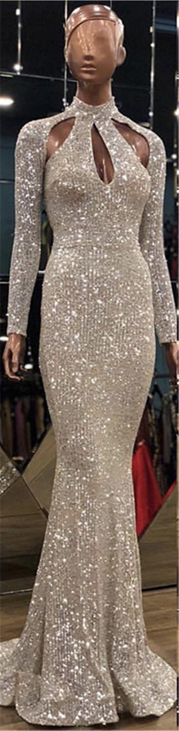 On Sale No Return No Refund New Designer Green High Neck Sexy Evening Dresses 2025 Sequined Long Sleeves Fashion Luxury For Women Party LA6314 - SERENE HILL