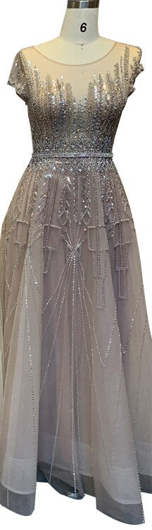 Pink A-Line Luxury Beading Sparkle Evening Dresses 2025 Dubai O-Neck Cap Sleeves Formal Dress Serene Hill LA70580 - SERENE HILL