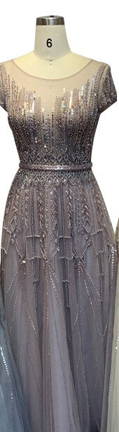 Pink A-Line Luxury Beading Sparkle Evening Dresses 2025 Dubai O-Neck Cap Sleeves Formal Dress Serene Hill LA70580 - SERENE HILL