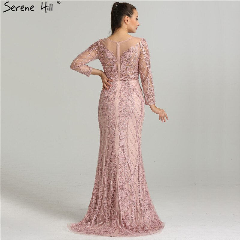 On Sale No Return No Refund Pink Long Sleeves Pearls Crystal Evening Gowns 2025 Mermaid Sexy Elegant Formal Evening Dress LA6274 Plus Size - SERENE HILL