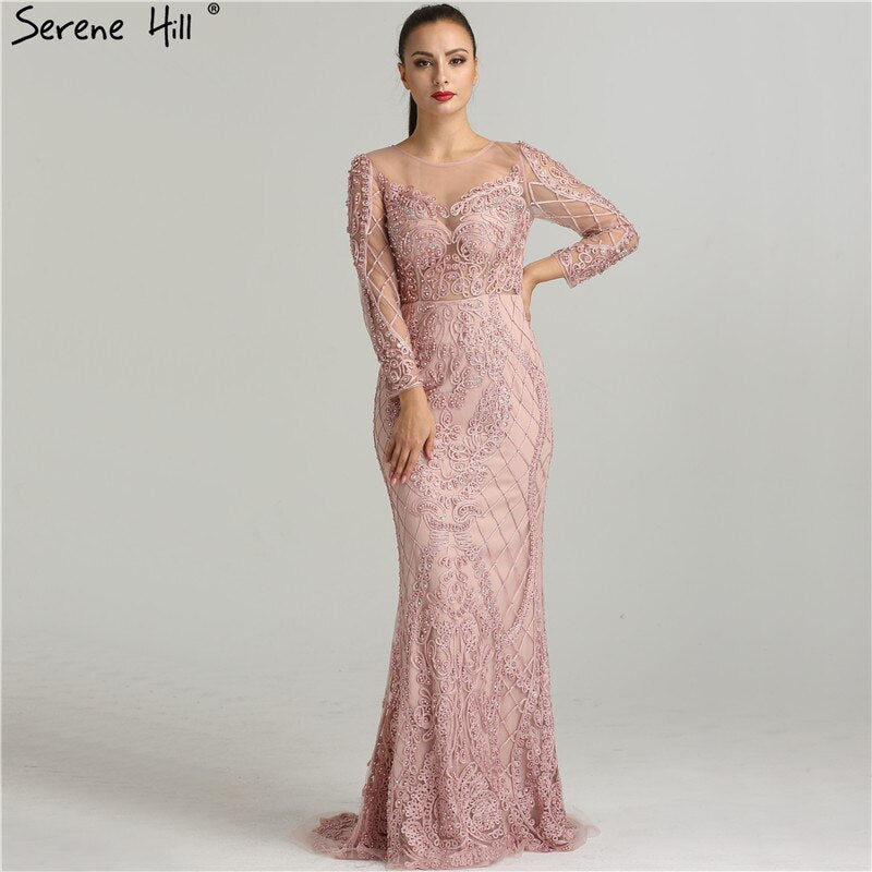 On Sale No Return No Refund Pink Long Sleeves Pearls Crystal Evening Gowns 2025 Mermaid Sexy Elegant Formal Evening Dress LA6274 Plus Size - SERENE HILL