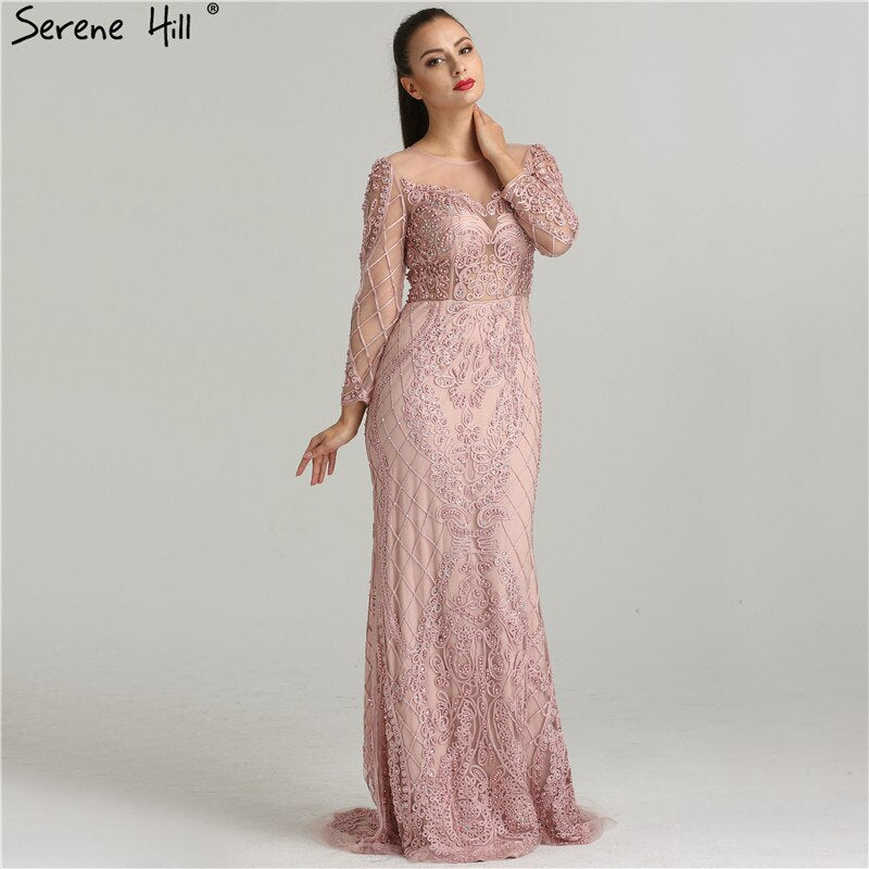 On Sale No Return No Refund Pink Long Sleeves Pearls Crystal Evening Gowns 2025 Mermaid Sexy Elegant Formal Evening Dress LA6274 Plus Size - SERENE HILL