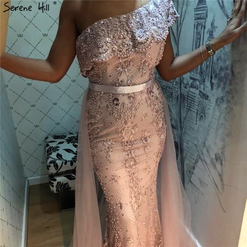 Pink One Shoulder Mermaid Sexy Evening Dresses 2025 Lace Pearls Sequins Elegant Formal Dress Serene Hill LA70386 - SERENE HILL
