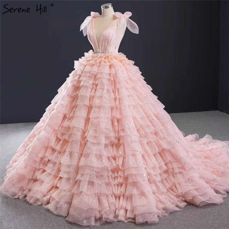 Pink Sleeveless Bow Tiered Sexy Wedding Dresses 2025 Sequined Sparkle Lace Up Bridal Gowns HM67033 Custom Made - SERENE HILL