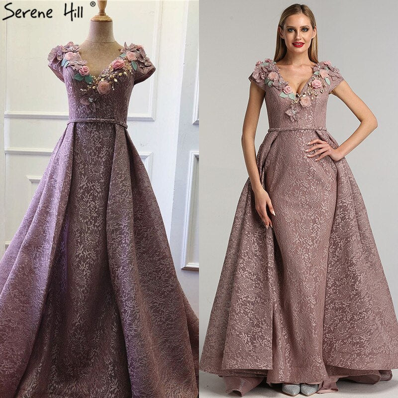 On Sale no return no refundSale Purple V-Neck Handmade Flowers Lace Evening Dresses 2025 Sleeveless Mermaid Sexy Evening Gowns Serene Hill LA60764 - SERENE HILL