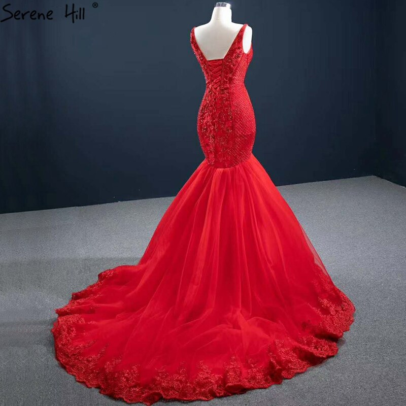 Red Mermaid Sexy Sleeveless Evening Dresses 2025 V-Neck Beading Crystal Lace Formal Dress Serene Hill HM67151 - SERENE HILL