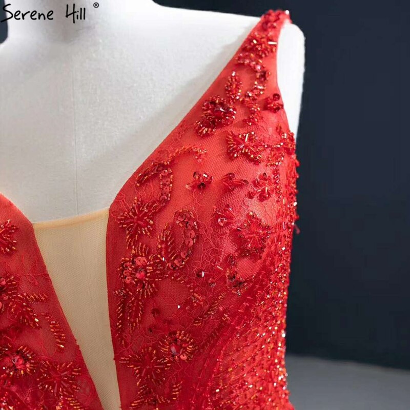 Red Mermaid Sexy Sleeveless Evening Dresses 2025 V-Neck Beading Crystal Lace Formal Dress Serene Hill HM67151 - SERENE HILL