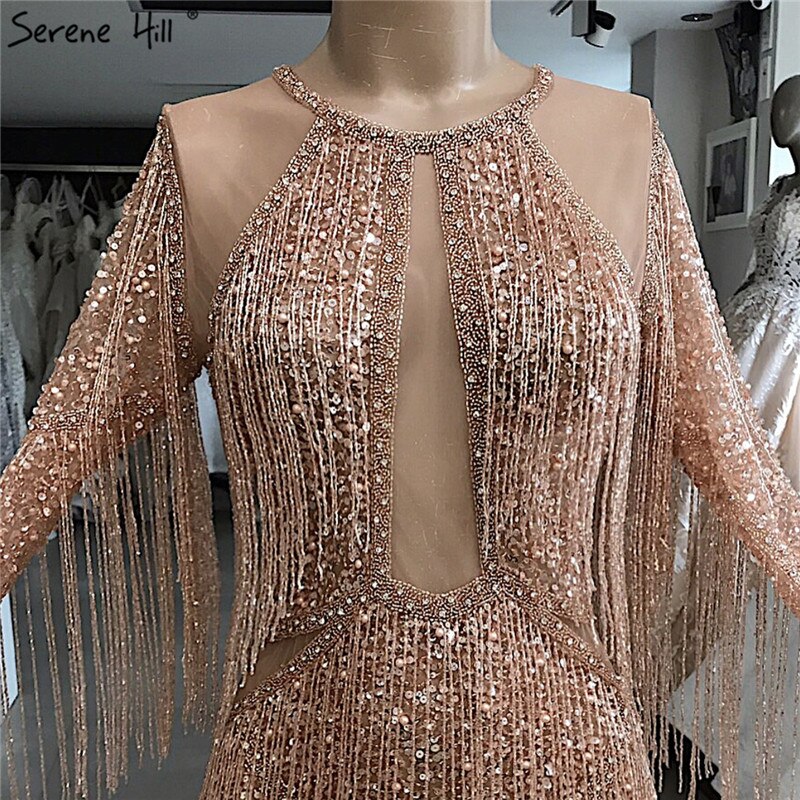 On Sale no return no refundSale Rose Gold Mermaid Long Sleeve Evening Dresses 2025 Sequined Beading Tassel Luxury Formal Dress Serene Hill LA70037 - SERENE HILL