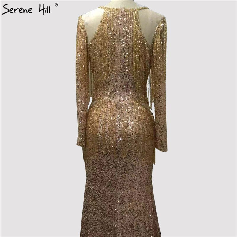 On Sale no return no refundSale Rose Gold Mermaid Long Sleeve Evening Dresses 2025 Sequined Beading Tassel Luxury Formal Dress Serene Hill LA70037 - SERENE HILL