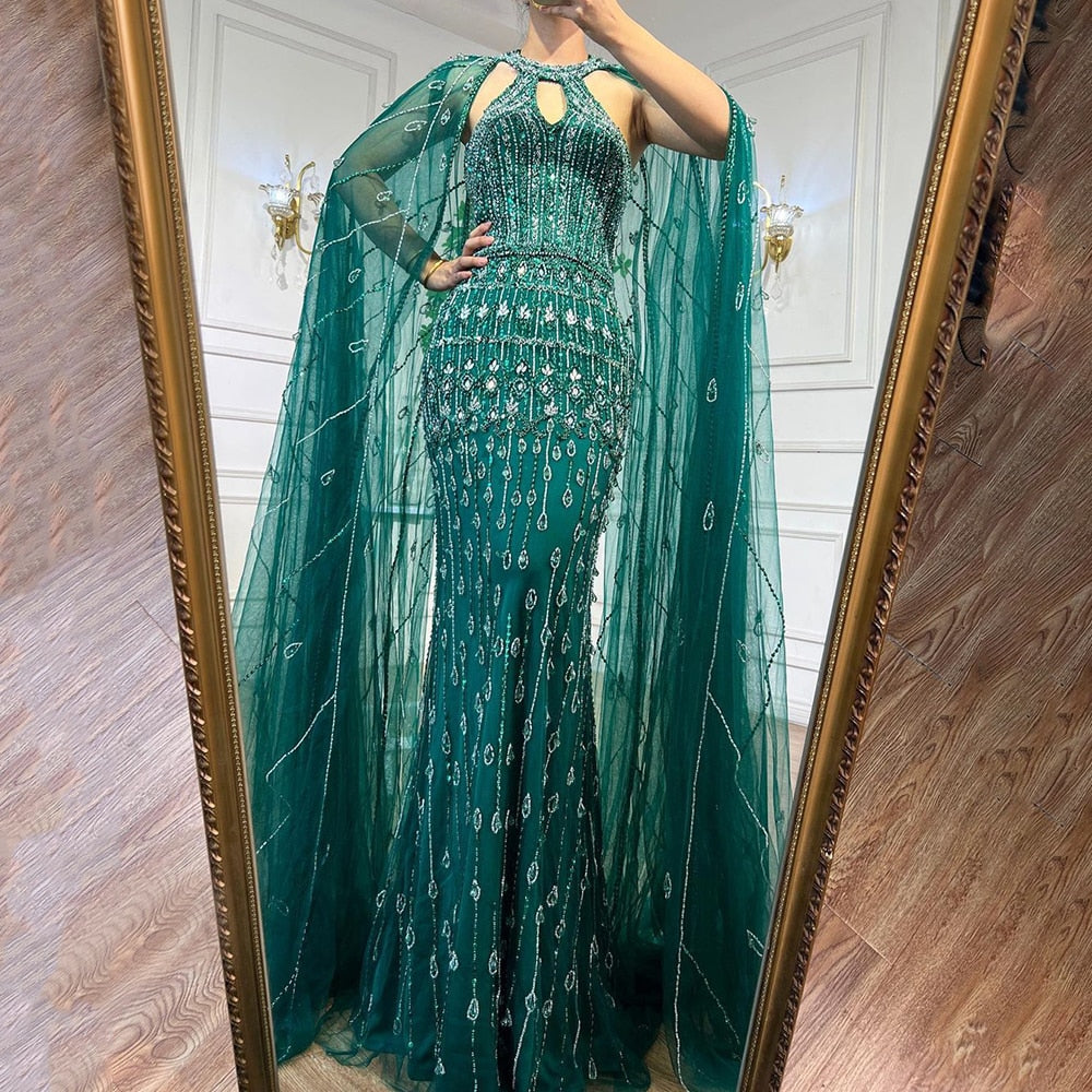 Luxury Dubai Mermaid Pink Evening Dresses with Cape Sleeves LA71817 - SERENE HILL