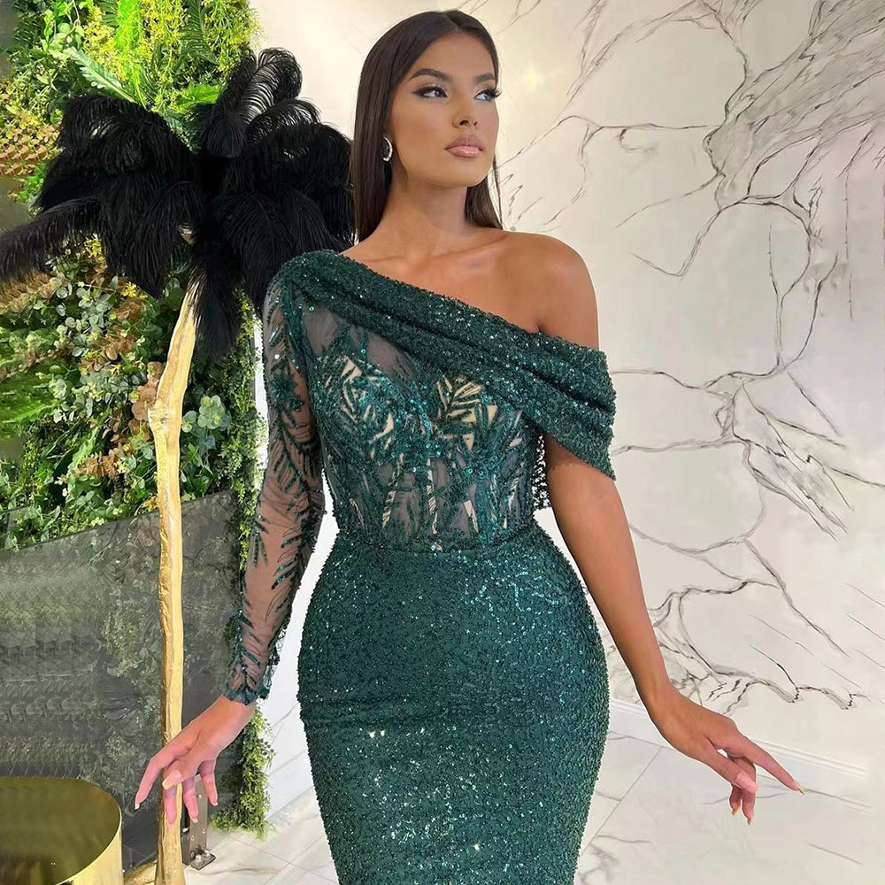 Serene Hill Green Mermaid Elegant Sexy One-Shoulder Evening Dresses Gowns 2025 Luxury Pearls Beaded For Women Party LA71717 - SERENE HILL