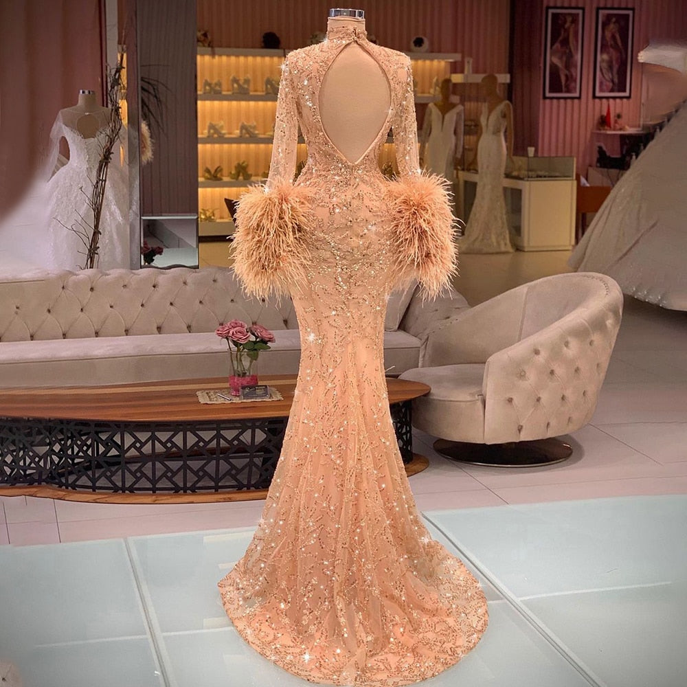 Serene Hill Muslim Rose Gold Elegant Evening Dresses Gowns 2025 Feather Beaded Mermaid Luxury For Women Party LA71514 - SERENE HILL