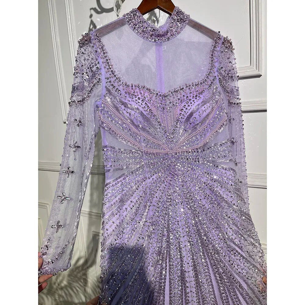 Luxury Nude Modest Beaded Tassel Mermaid Evening Dress LA71533 - SERENE HILL