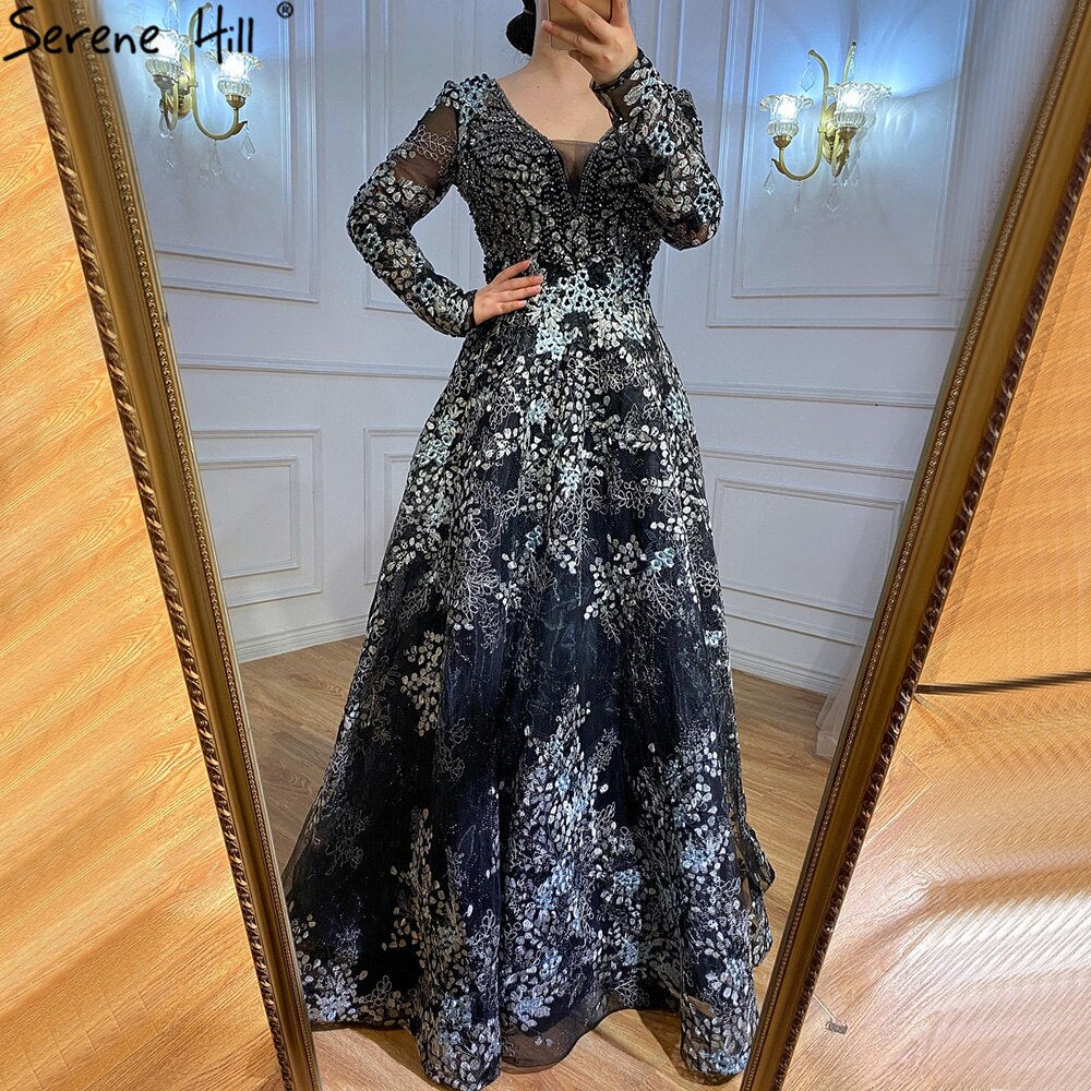 Elegant Long Sleeve Arabic Evening Dresses Luxury Dubai Plus Size LA71026 - SERENE HILL