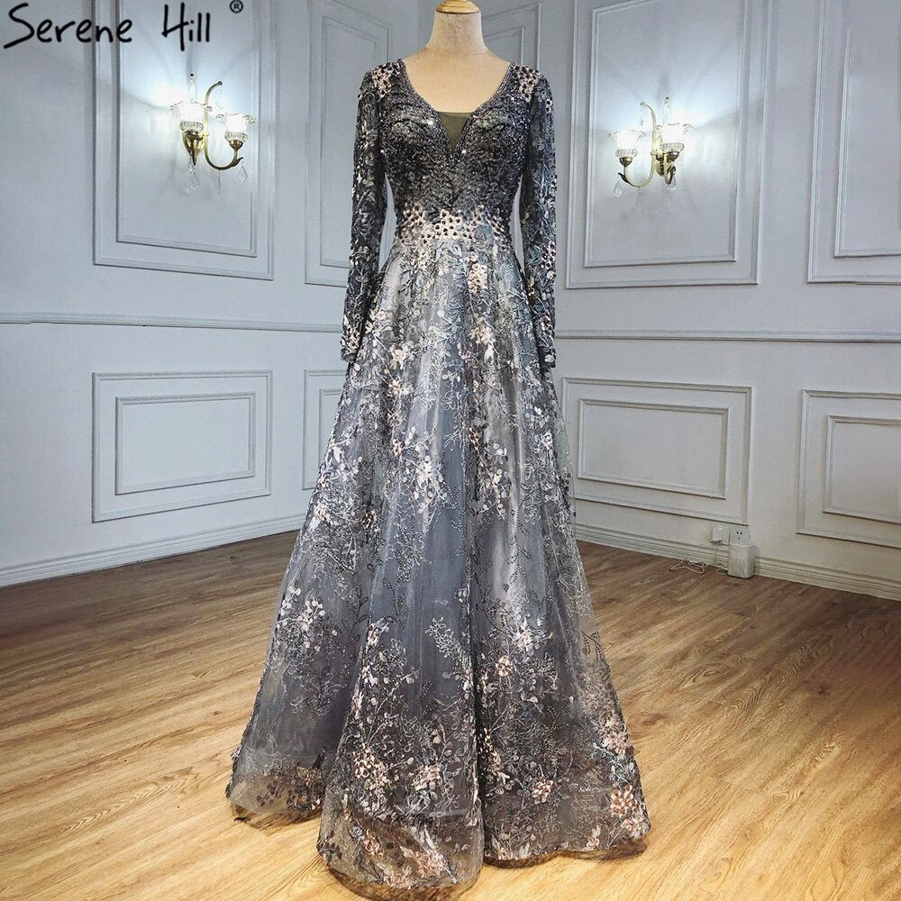 Elegant Long Sleeve Arabic Evening Dresses Luxury Dubai Plus Size LA71026 - SERENE HILL