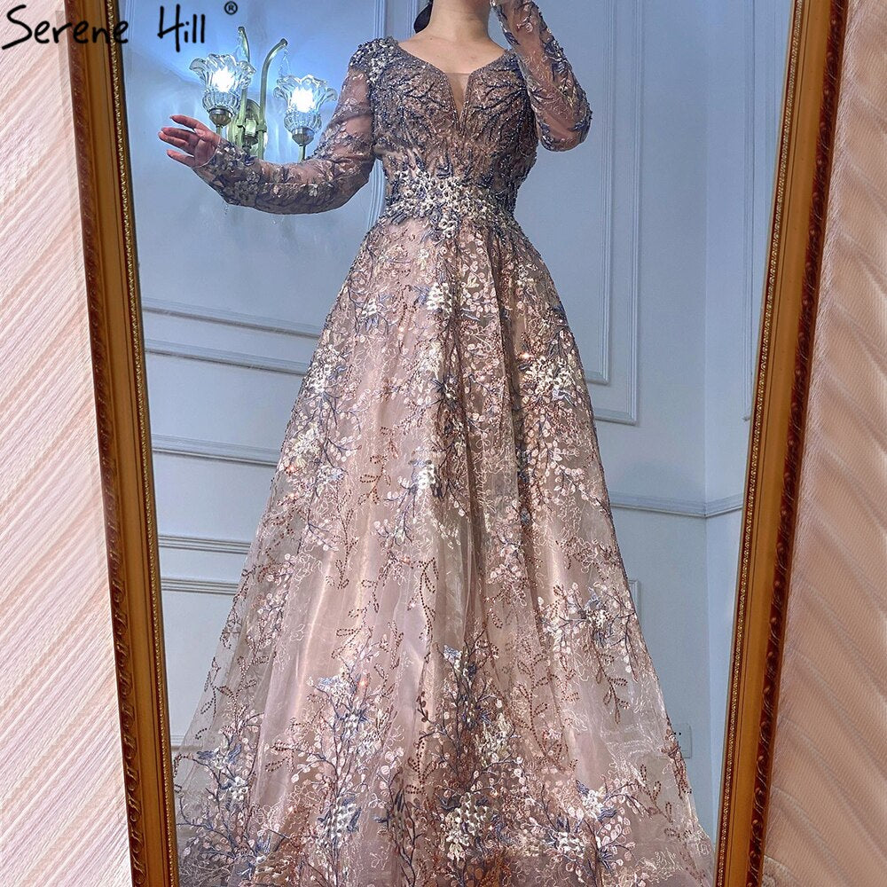 Elegant Long Sleeve Arabic Evening Dresses Luxury Dubai Plus Size LA71026 - SERENE HILL
