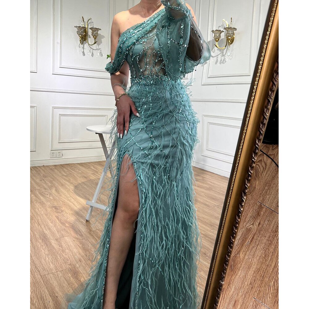 Luxury Dubai Pink Feather Evening Dress LA70513 On Sale - SERENE HILL