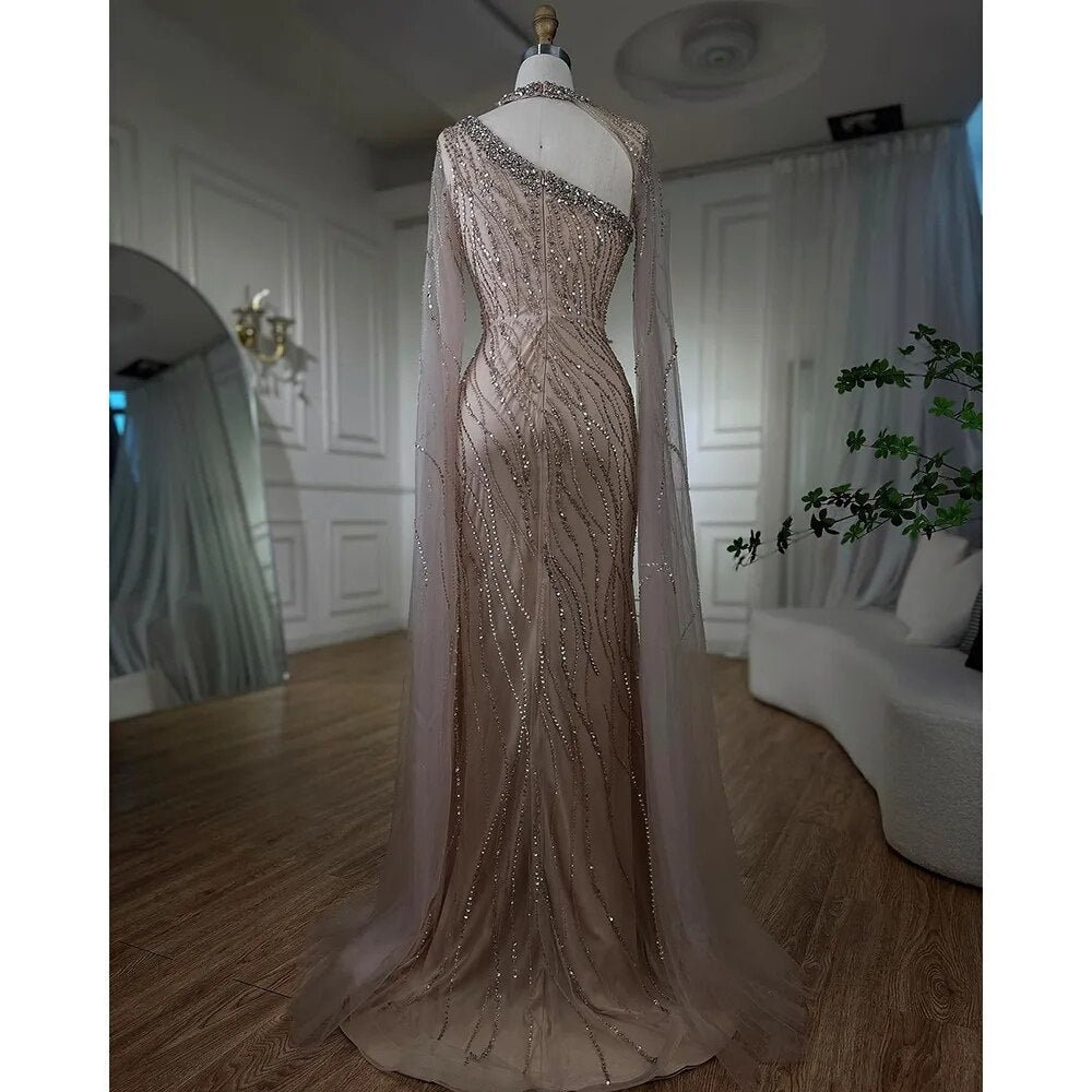 Black Mermaid Elegant Cape Sleeves Beaded Luxury Evening Gown LA72112 - SERENE HILL