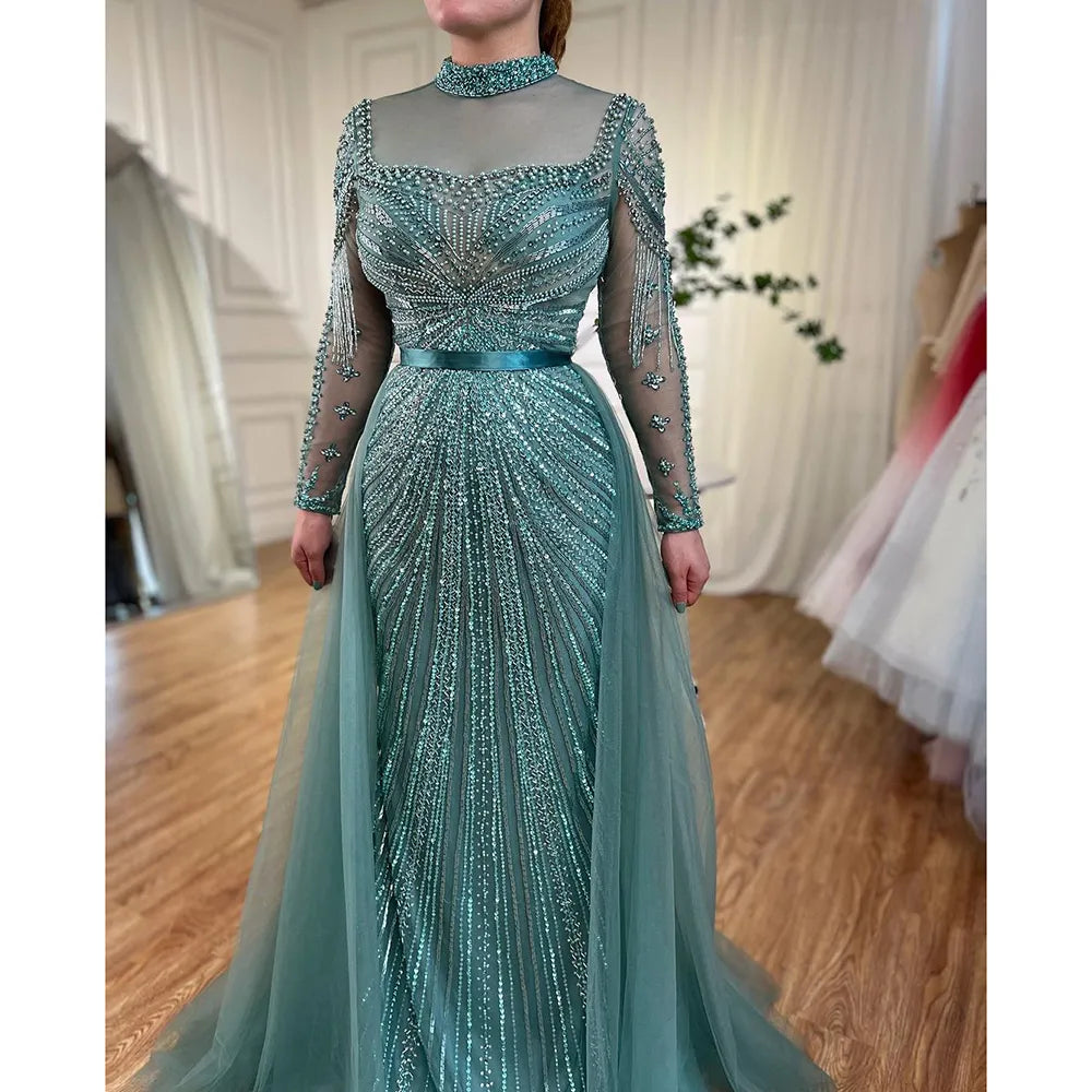 Luxury Nude Modest Beaded Tassel Mermaid Evening Dress LA71533 - SERENE HILL