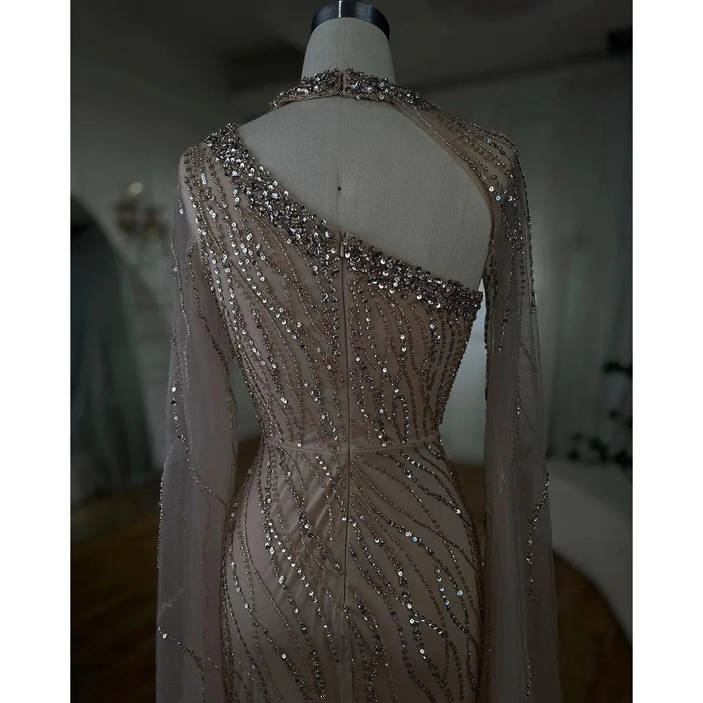 Black Mermaid Elegant Cape Sleeves Beaded Luxury Evening Gown LA72112 - SERENE HILL