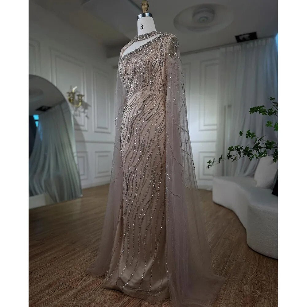Black Mermaid Elegant Cape Sleeves Beaded Luxury Evening Gown LA72112 - SERENE HILL