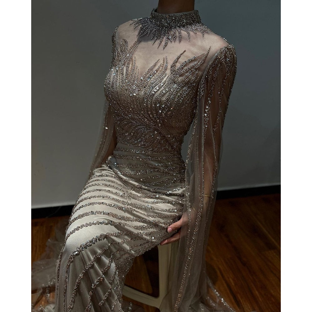 Saudi Arabia Caramel Mermaid Evening Dress with Cape Sleeves LA71885 - SERENE HILL